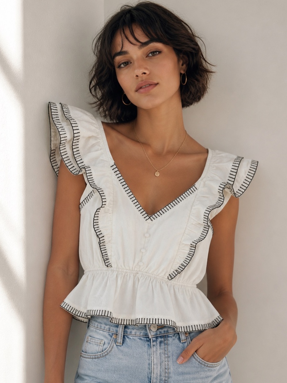 Hausen Penny Poplin Top White Ruffle Sleeveless Blouse S